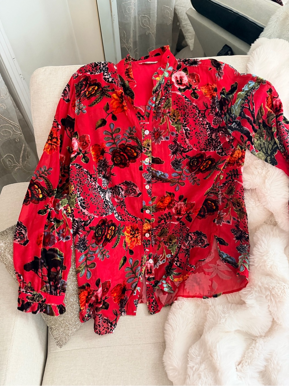 John Mark Red Floral Button-Up Blouse